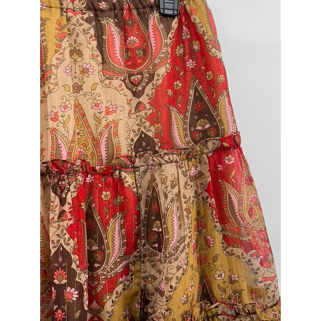ZERO ZERO Women's Red-Tan Printed Tiered A-Line Knee Length Skirt SZ M