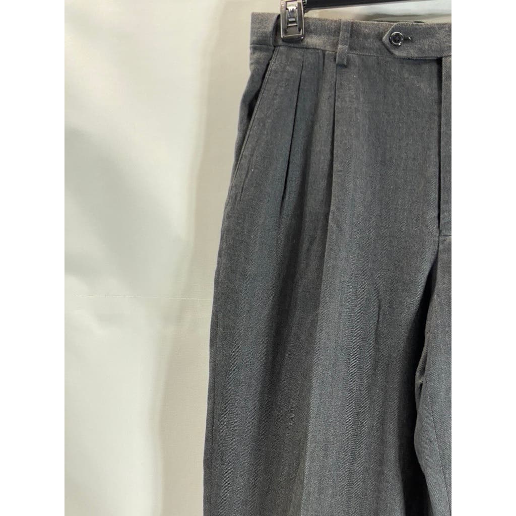 PAUL FREDRICK Men's Gray/Black Stretch Classic-Fit Pleated Cuffed-Hem Pant SZ 35