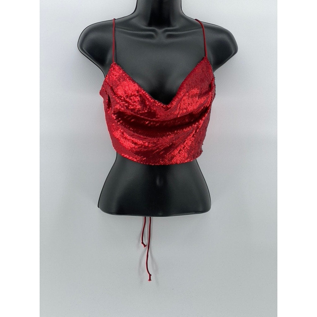 ZARA Women's Red Sequin Cowl-Neck Spaghetti Strap Cross Back Cropped Top SZ XS