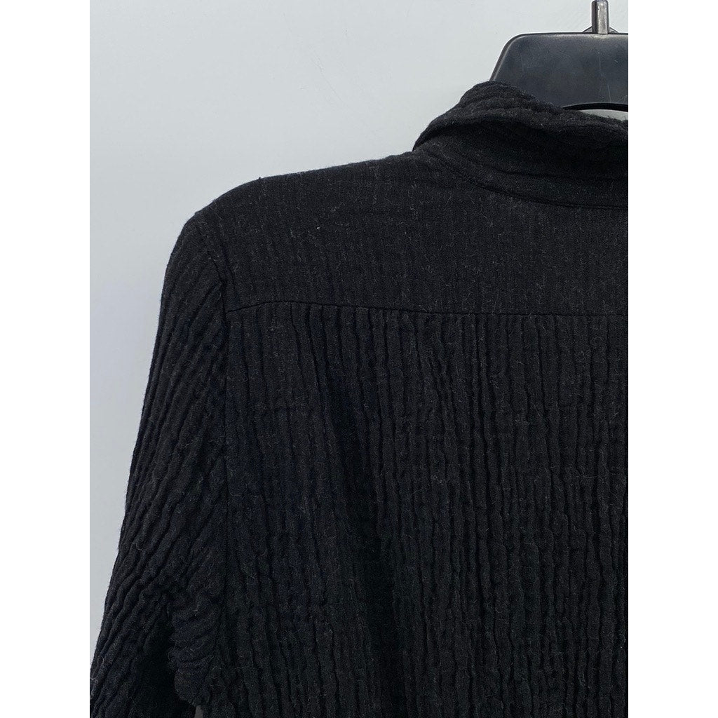 ZARA Women's Black Textured Smocked-Waist Long Sleeve V-Neck A-Line Dress SZ M
