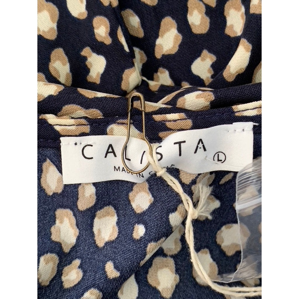 CALISTA Women's Navy Printed Crewneck Puff-Sleeve Tiered Midi Dress SZ L