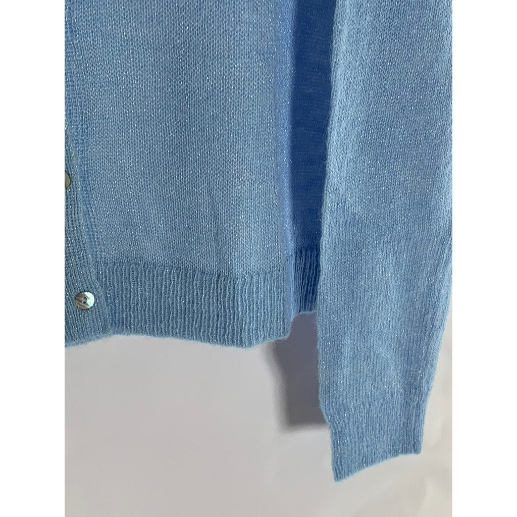 MANGO Women's Sky Blue Lurex Knit Button-Up Crewneck Cardigan SZ L