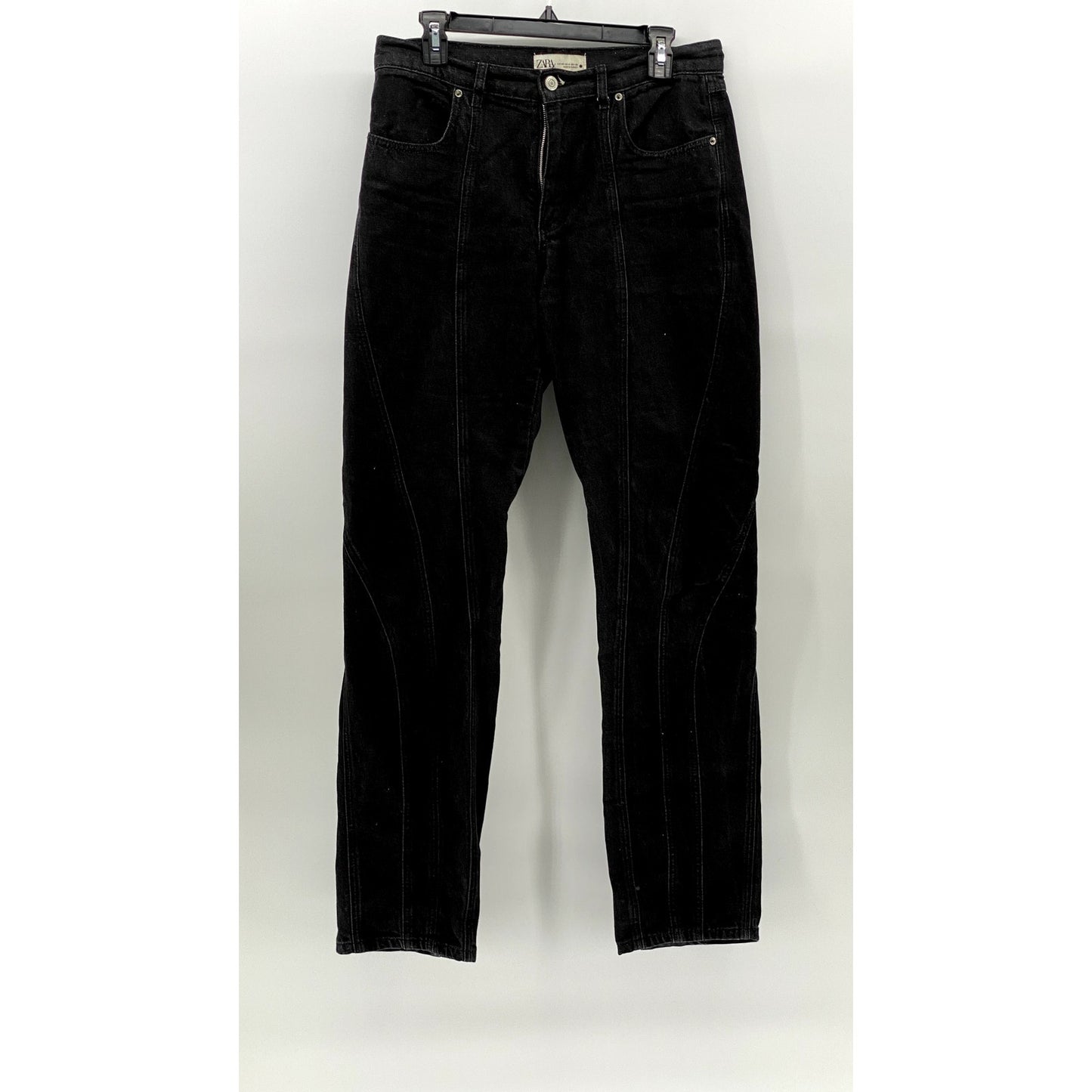 ZARA Women's Black Denim Striped High-Rise Slim Leg Regular-Fit Jeans SZ 8