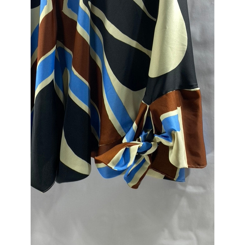 ZARA Women's Multi-Color Printed V-Neck Long Flare Tie Sleeves Top SZ S