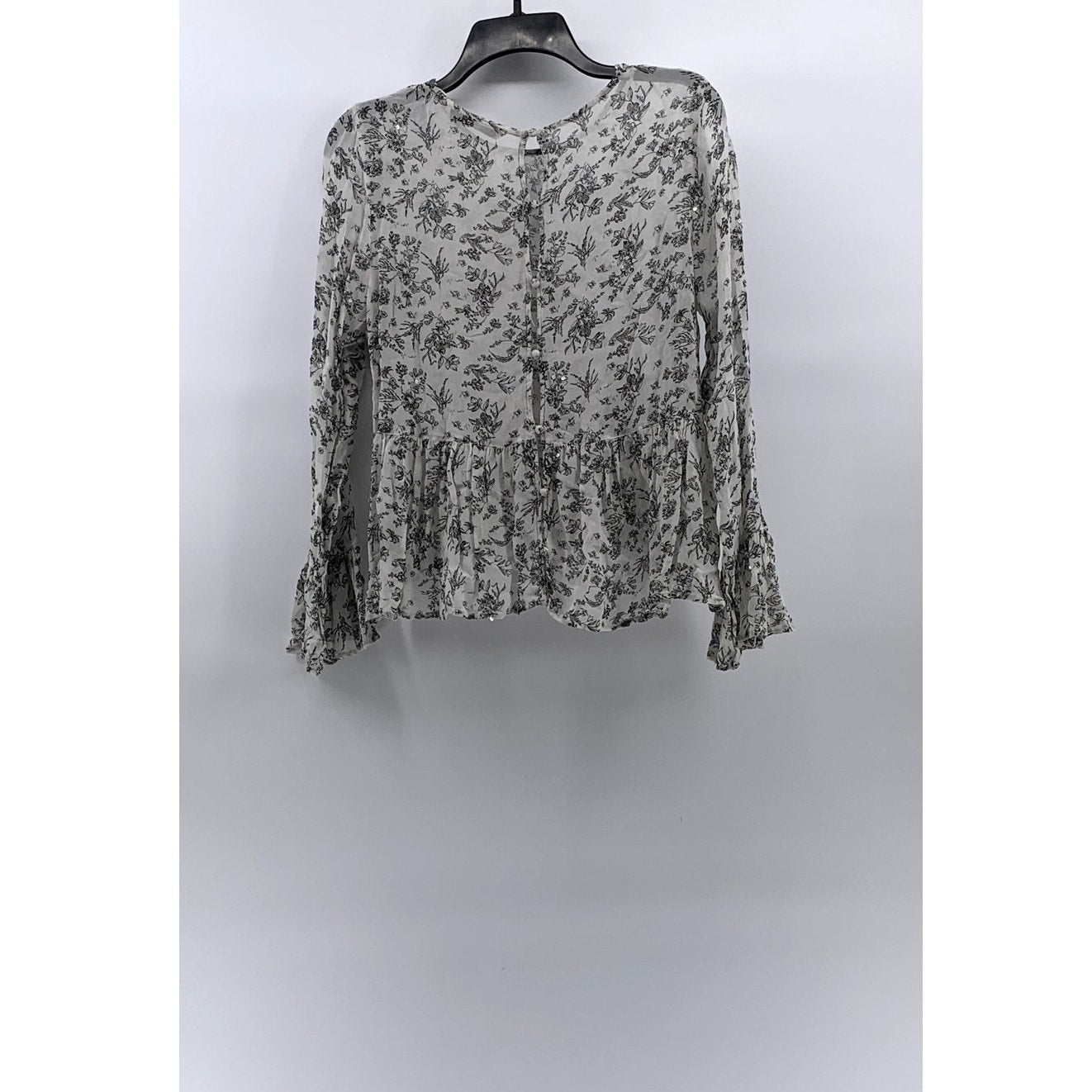 ZARA Women's Light Gray Floral Sequin Embellished Long Flare Sleeve Top SZ L