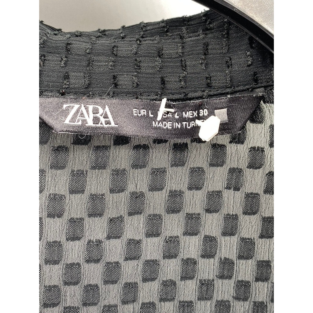 ZARA Women’s Black Sheer Mini Checkered Long Sleeve Button-Up Top SZ L