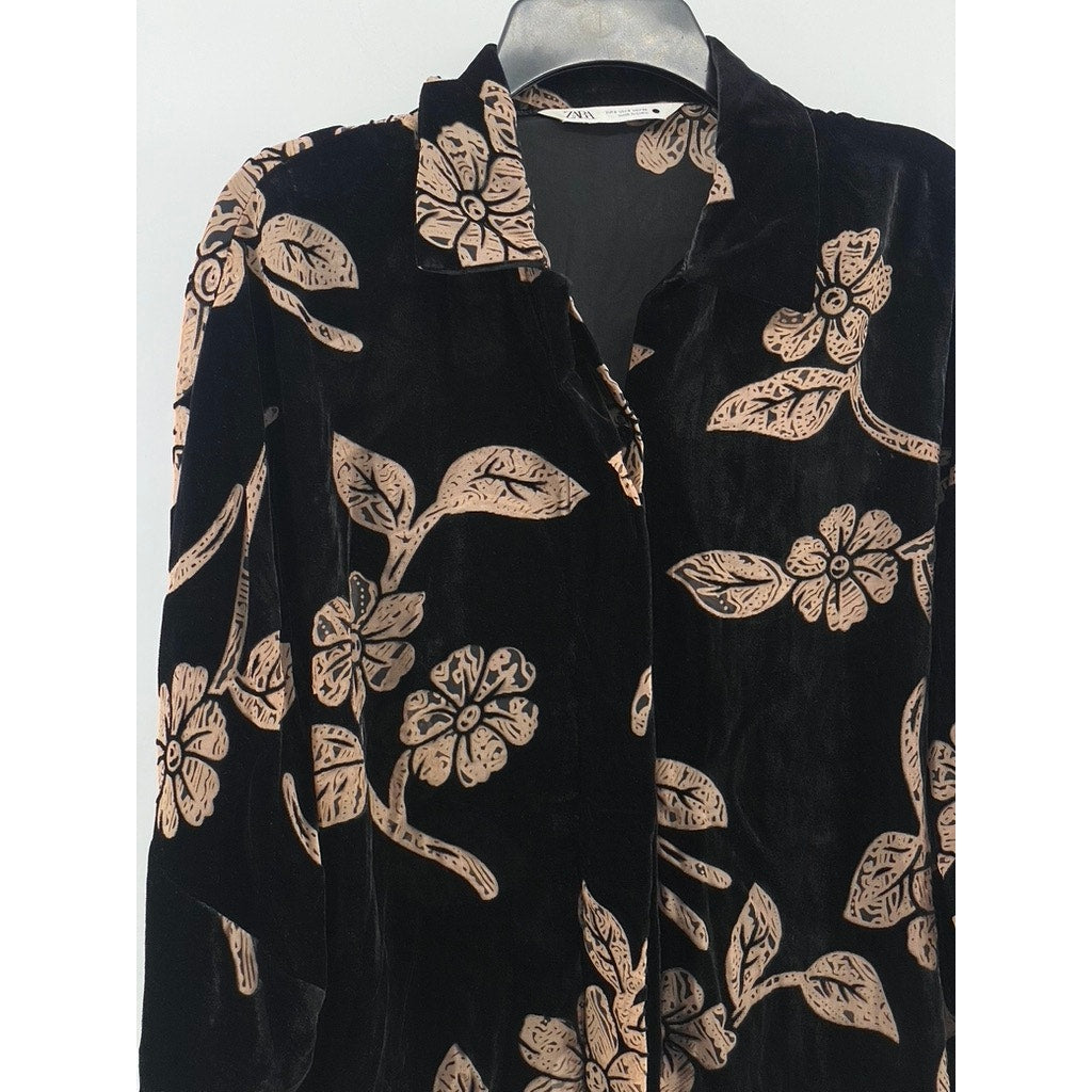 ZARA Women's Black-Beige Floral Burnout Button-Up Long Sleeve Top SZ S