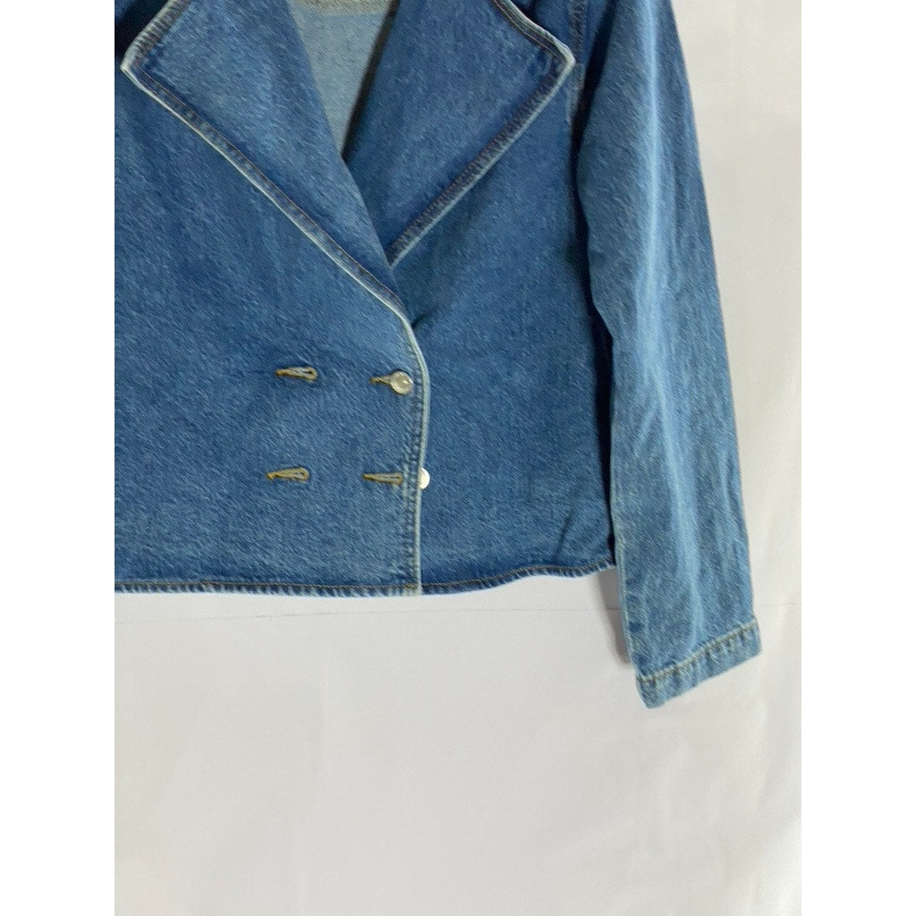 FOREVER 21 Women's Dark Blue Denim Cropped Notch Lapel Double Breasted Coat SZ S