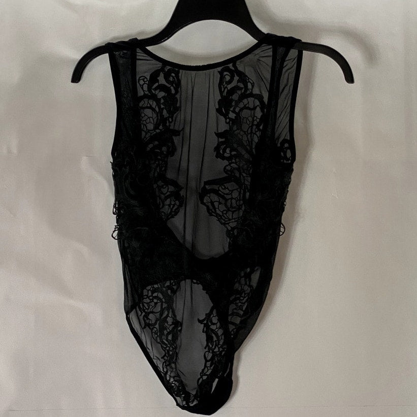 BLUEBELLA Women's Black Etienne Mesh Embroidered Lace Backless Bodysuit SZ M