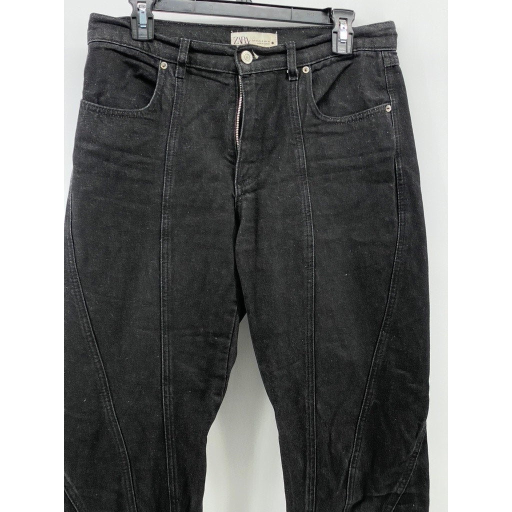 ZARA Women's Black Denim Striped High-Rise Slim Leg Regular-Fit Jeans SZ 8