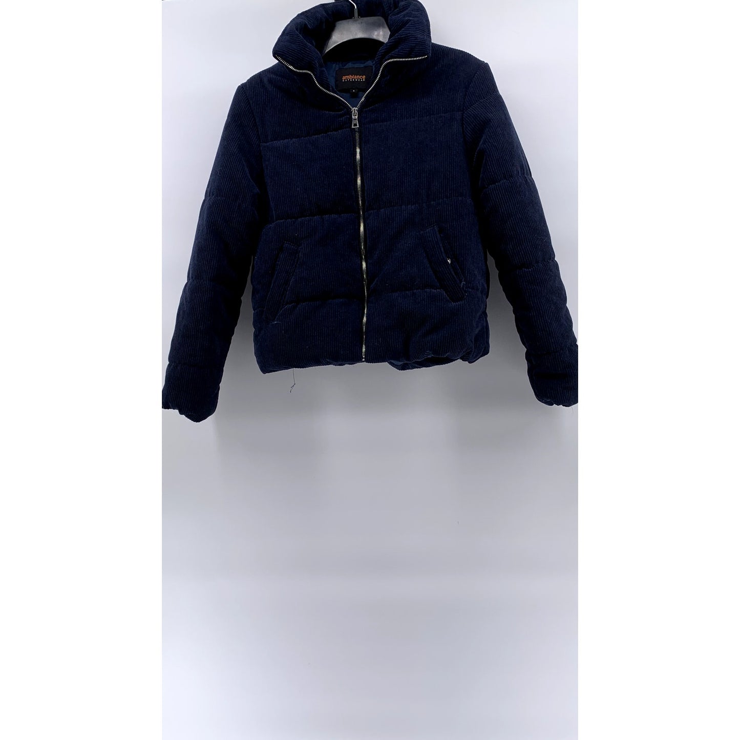 AMBIANCE OUTWEAR Women's Navy Blue Corduroy Stand Collar Puffer Jacket SZ S