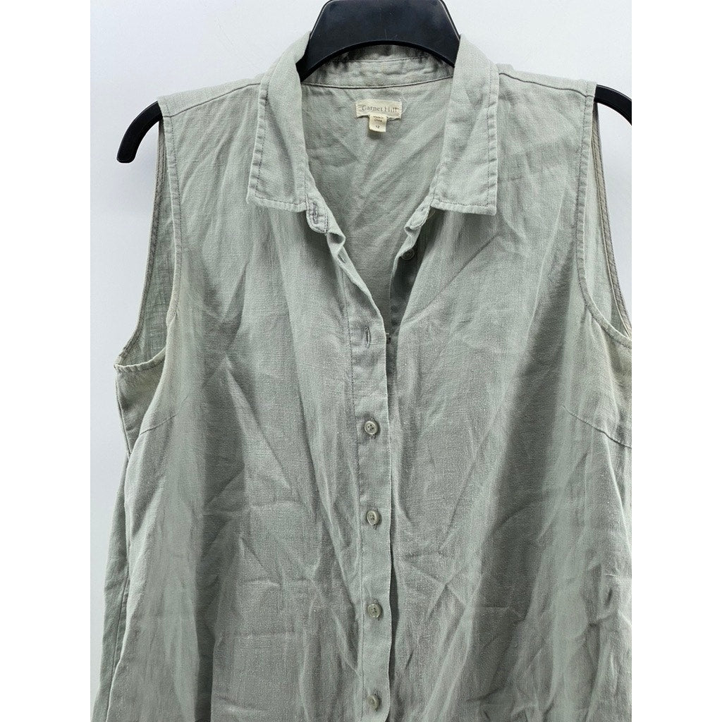 GARNET HILL Women's Green Linen Button-Up Sleeveless Knee Shirt Dress SZ 12