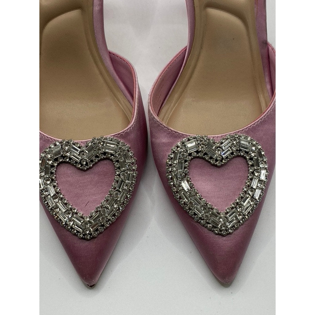 PRIMARK Women's Pink Satin Rhinestone Heart Pointed Toe Stiletto Sandals SZ 7