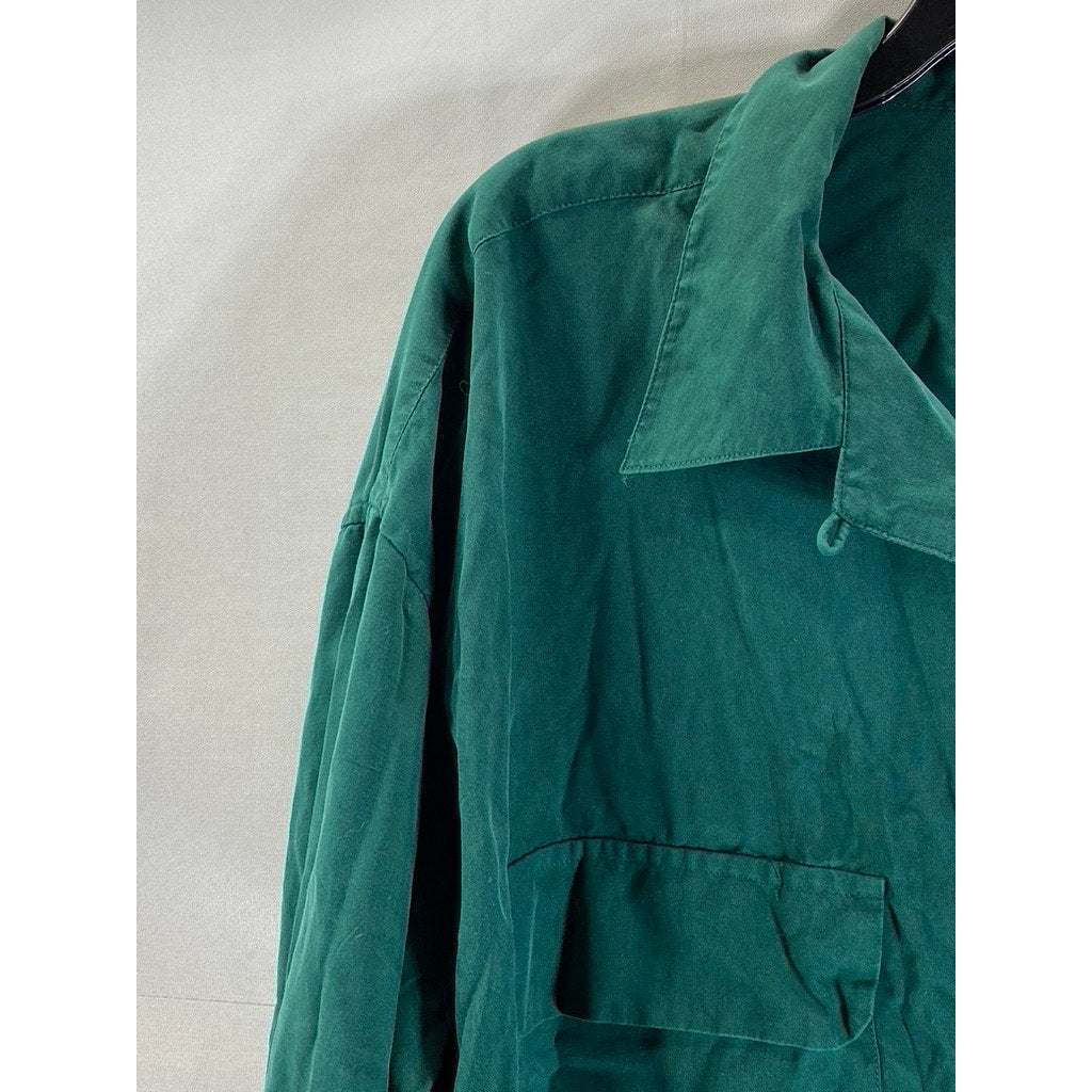 B. MOSS Women's Dark Green Flap Chest Pocket Button-Up Long Sleeve Silk Top SZ L