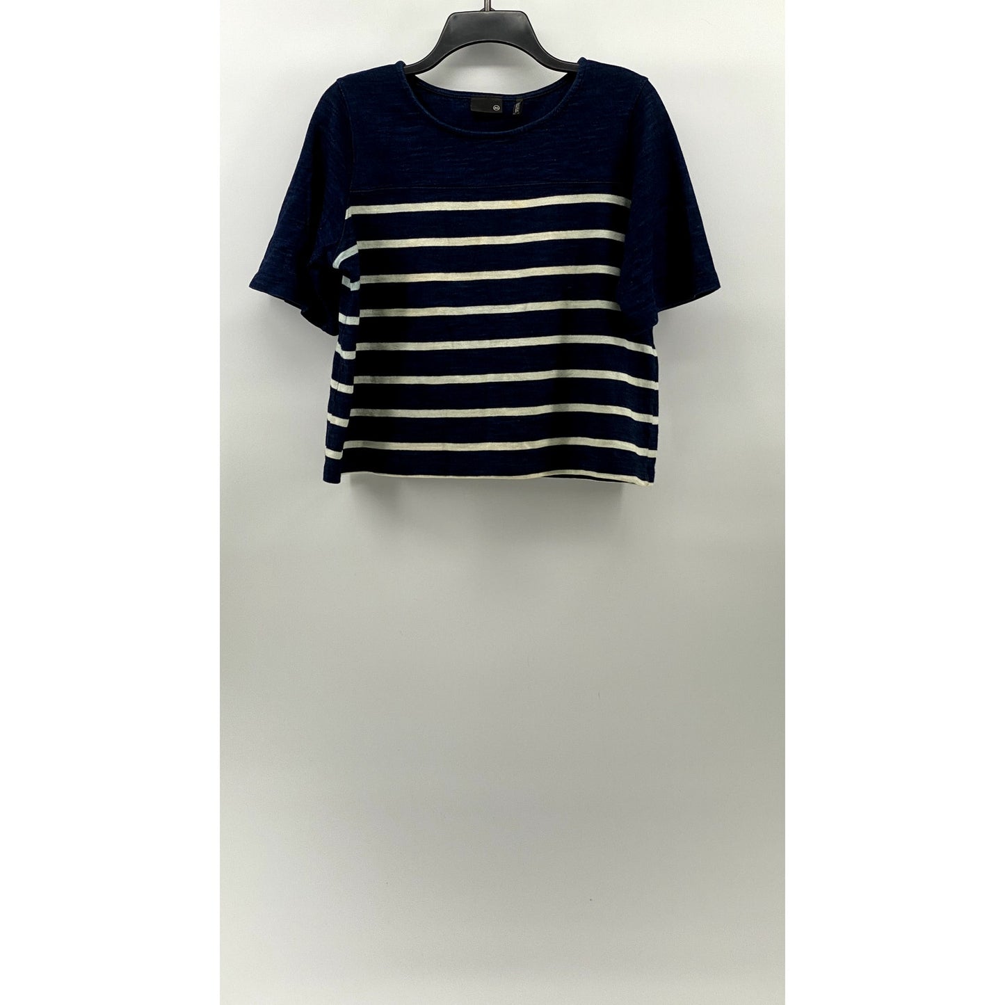 ADRIANO GOLDSCHMIED AG Women's Blue-White Striped Crewneck Cropped T-Shirt SZ M
