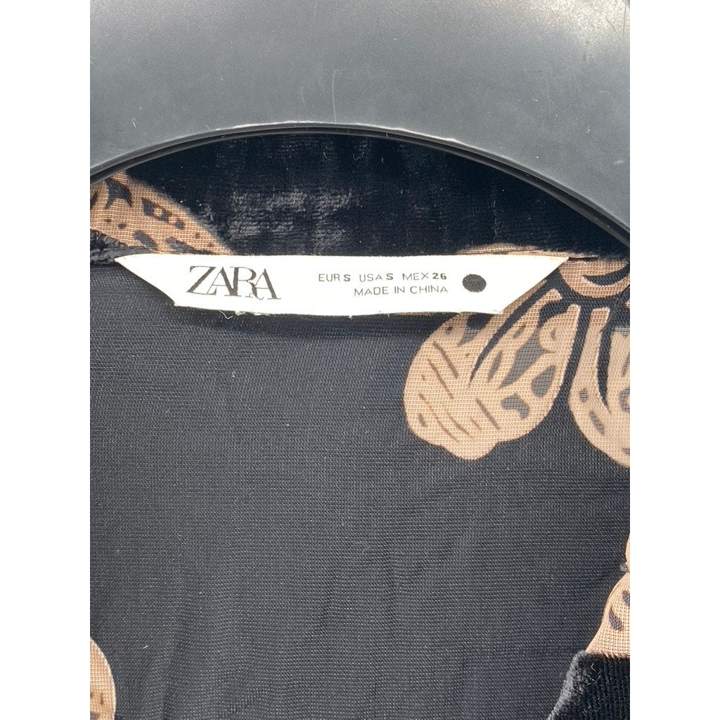 ZARA Women's Black-Beige Floral Burnout Button-Up Long Sleeve Top SZ S