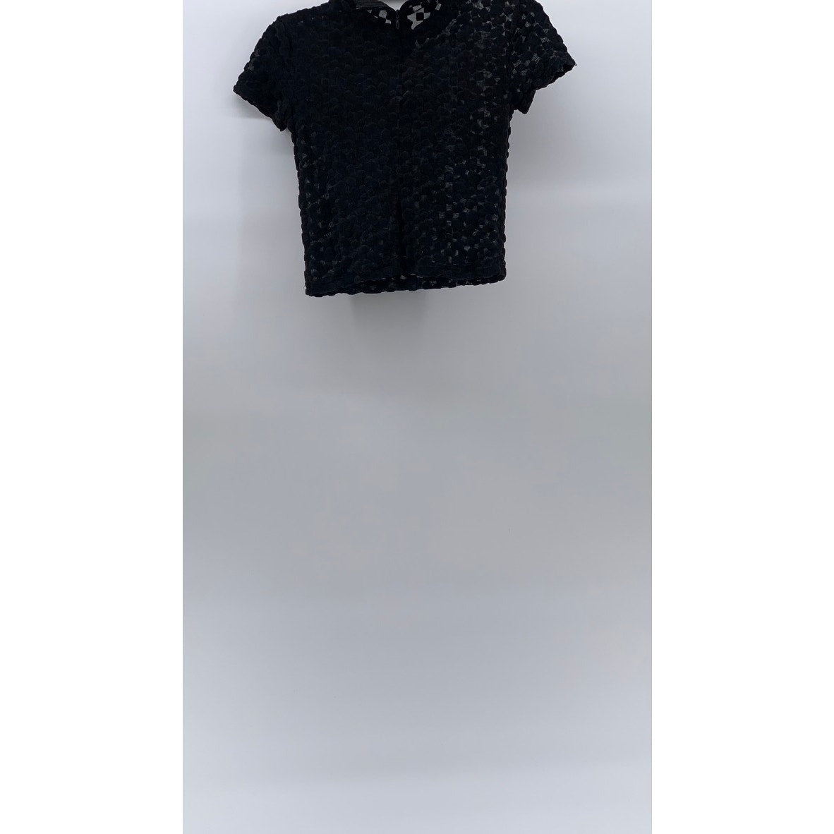 ZARA W&B Women's Black Mesh Textured Mock-Neck Short Sleeve Cropped Top SZ S