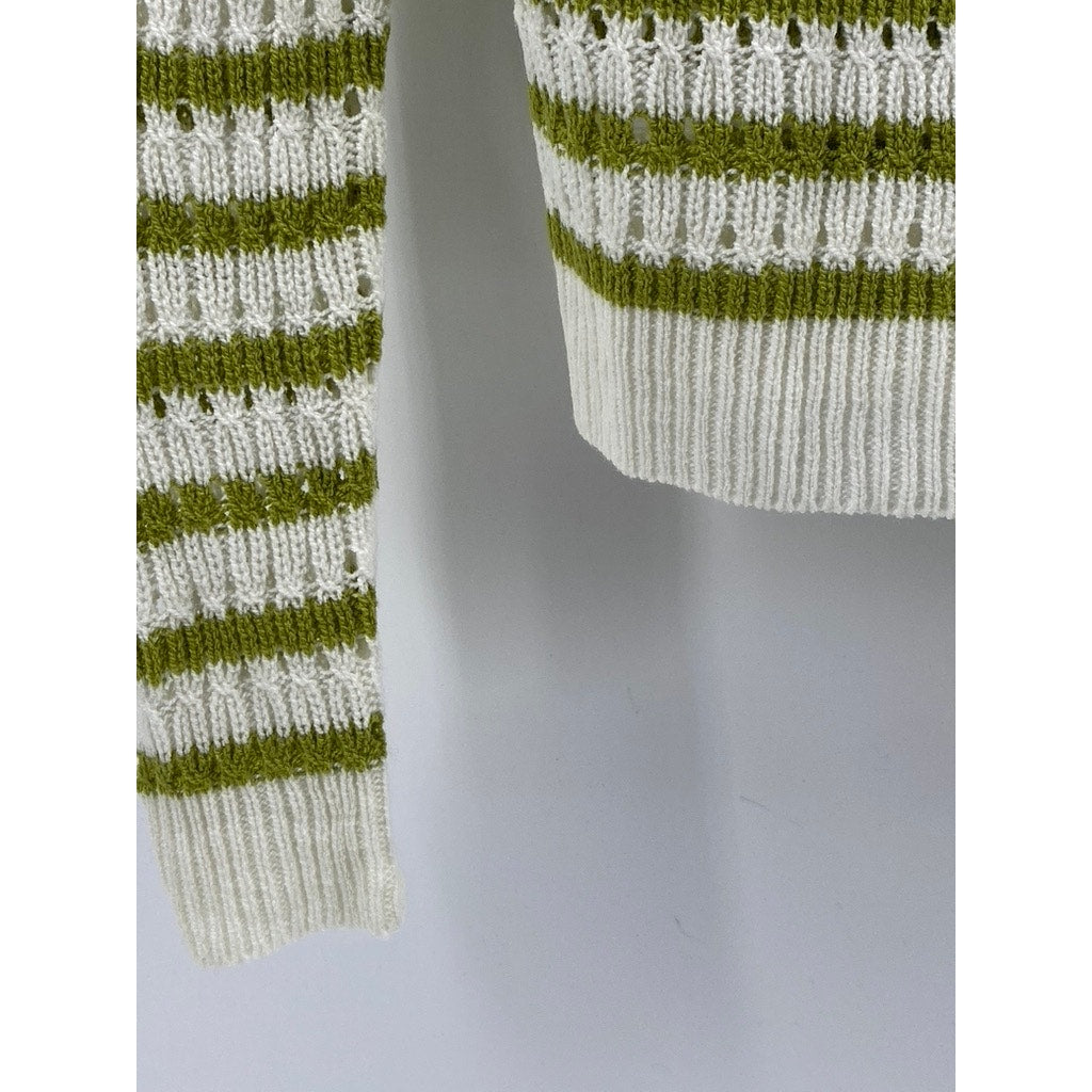 ANNA KAY Women's White-Green Knit Striped Button-Up Long Sleeve Cardigan SZ M