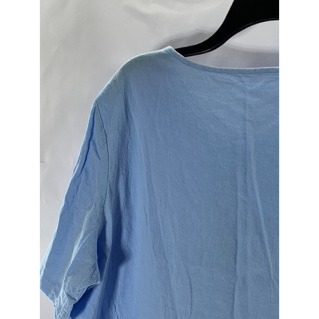 UNBRANDED Women's Blue Floral Snap-Button Crewneck Short Sleeve Top SZ 3XL