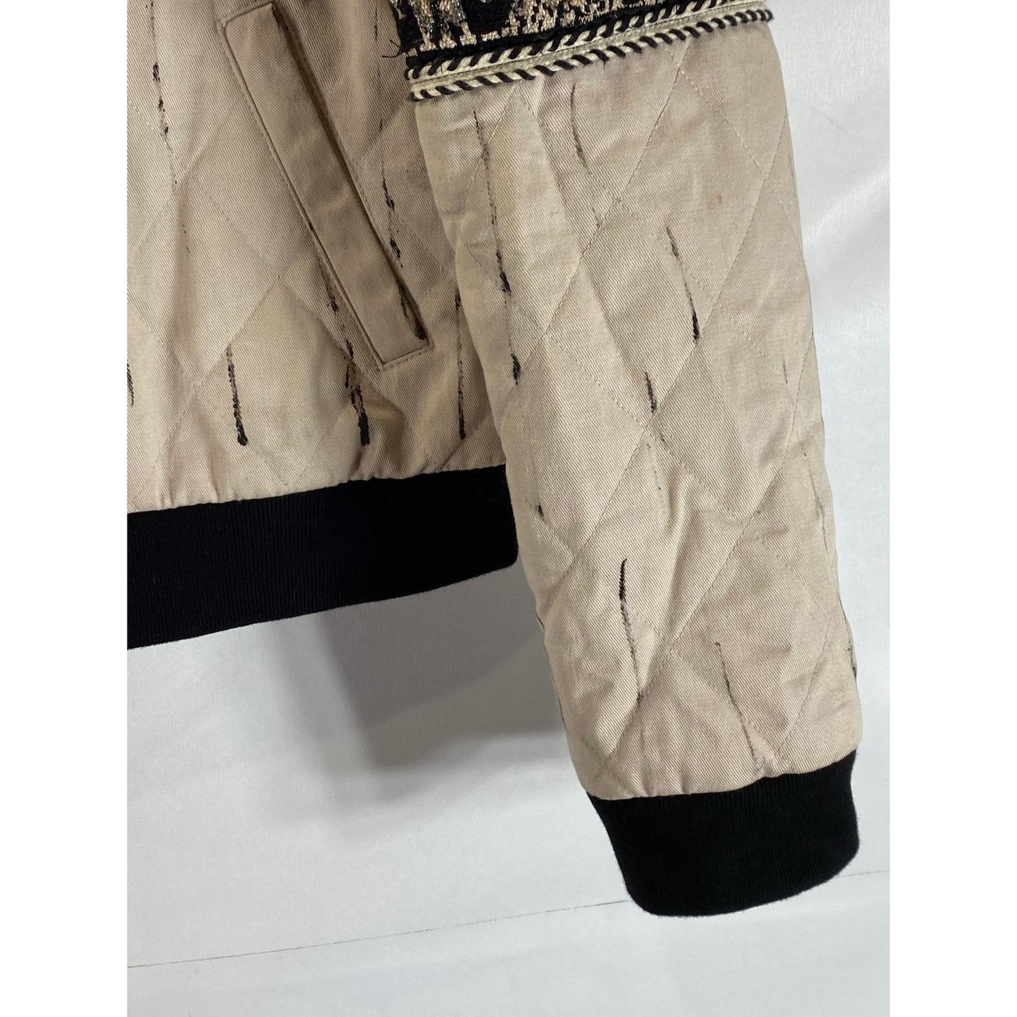 ALPHAMOMENT Women's Black/Beige Embroidered Printed Zip-Up Jacket SZ 38(S)