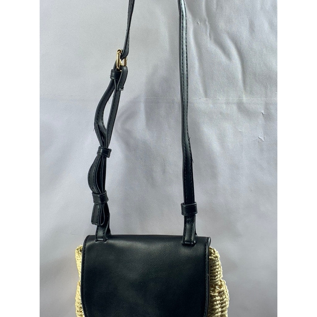 A NEW DAY Women's Black-Tan Straw Flap Snap Button Shoulder Cross-Body Bag