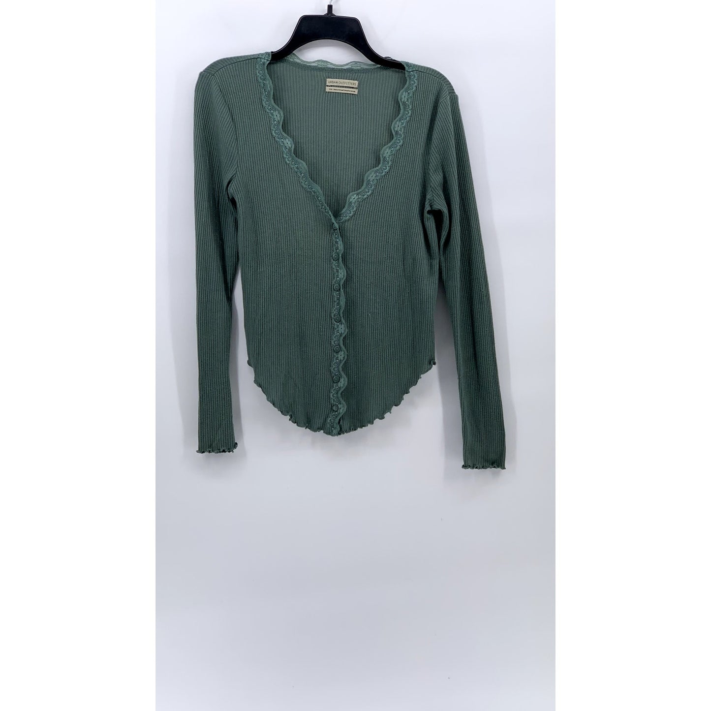 URBAN OUTFITTERS Women's Dusty Green Ribbed Lace-Trim Button-Down Top SZ M