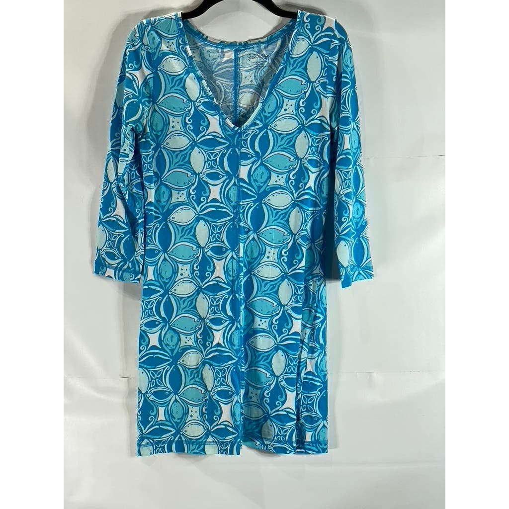 LILLY PULITZER Women's Blue Printed Juliet What A Racquet V-Neck Mini Dress SZ M