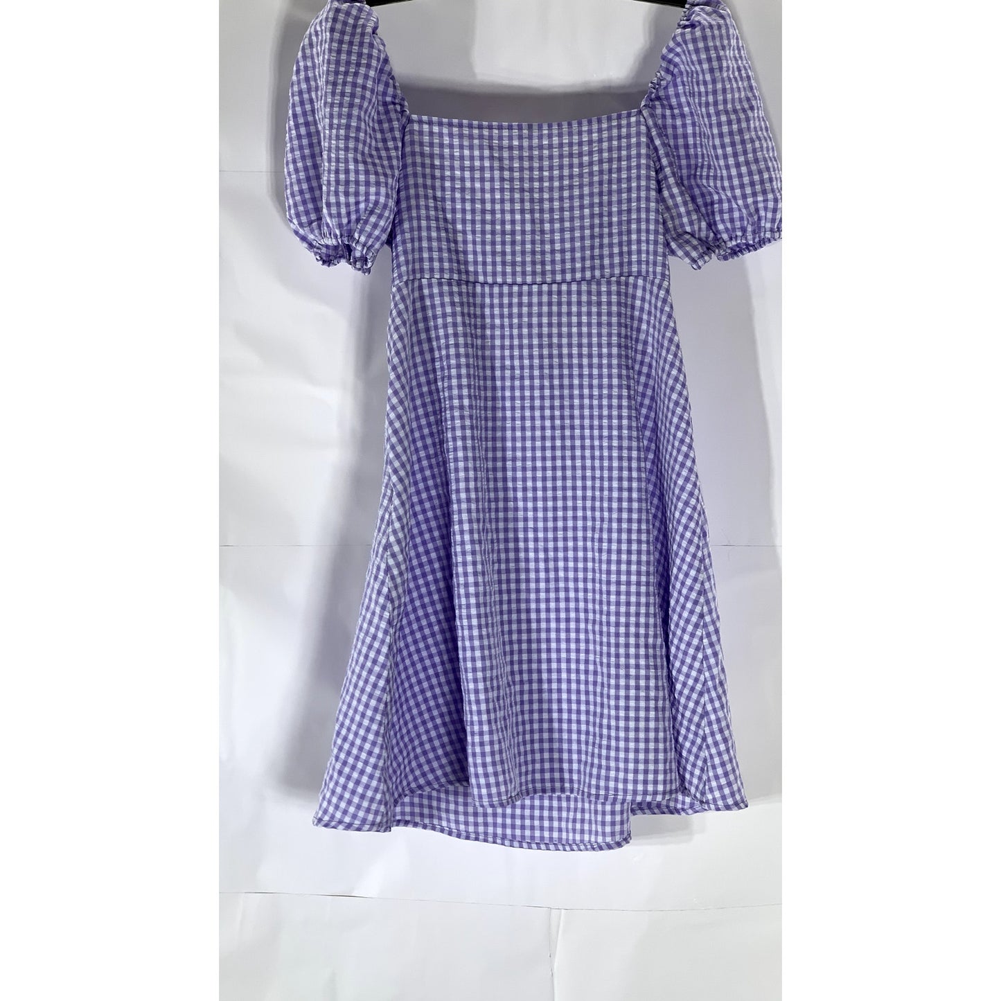 H&M Women's Purple-White Gingham Tie-Front Cutout Puff-Sleeve Mini Dress SZ XS