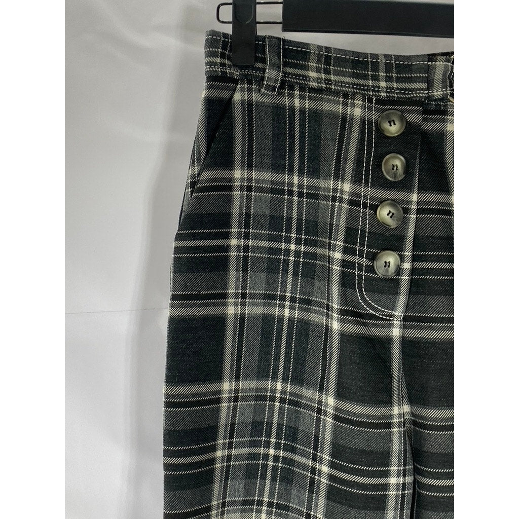 TOPSHOP Women's Black-White Plaid Button-Front Belted Straight-Leg Pant SZ 6