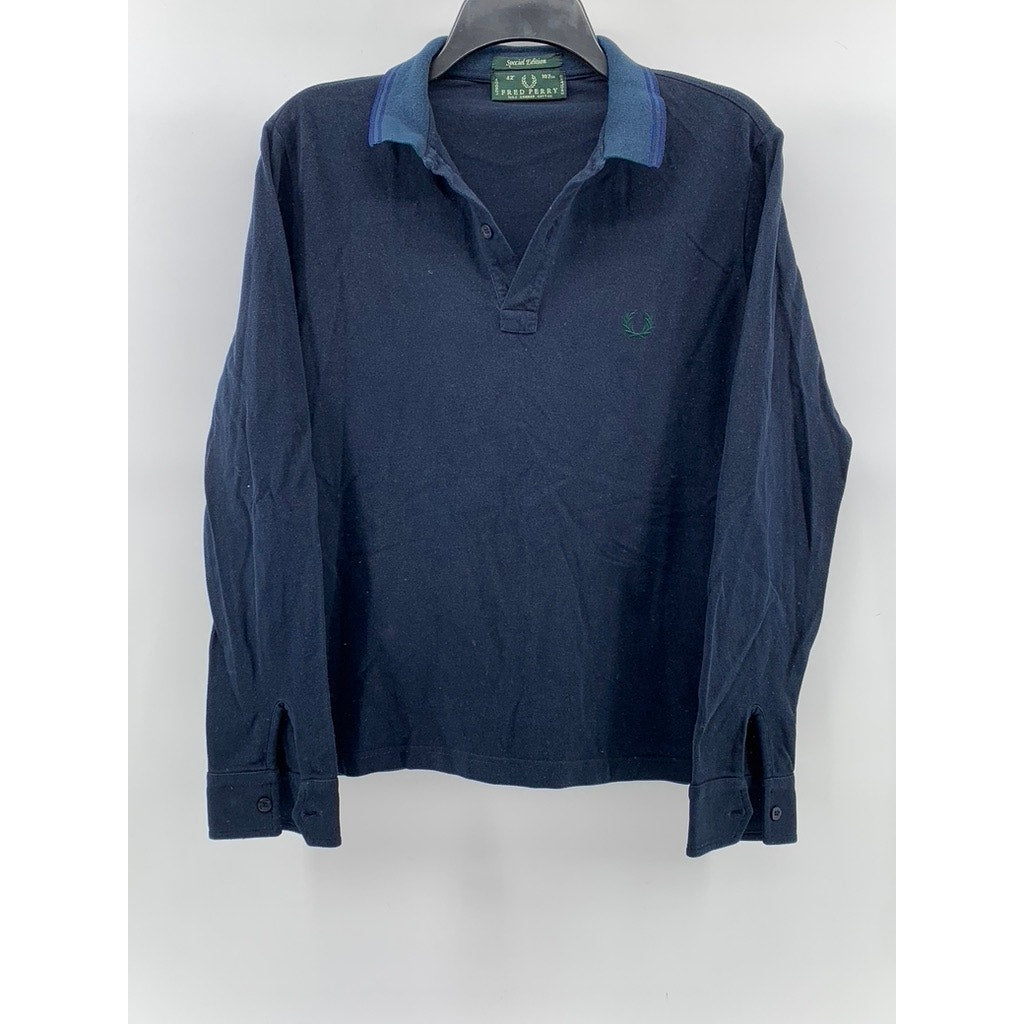 FRED PERRY Men's Navy Blue Textured Long Sleeve Polo Shirt SZ 42(L)