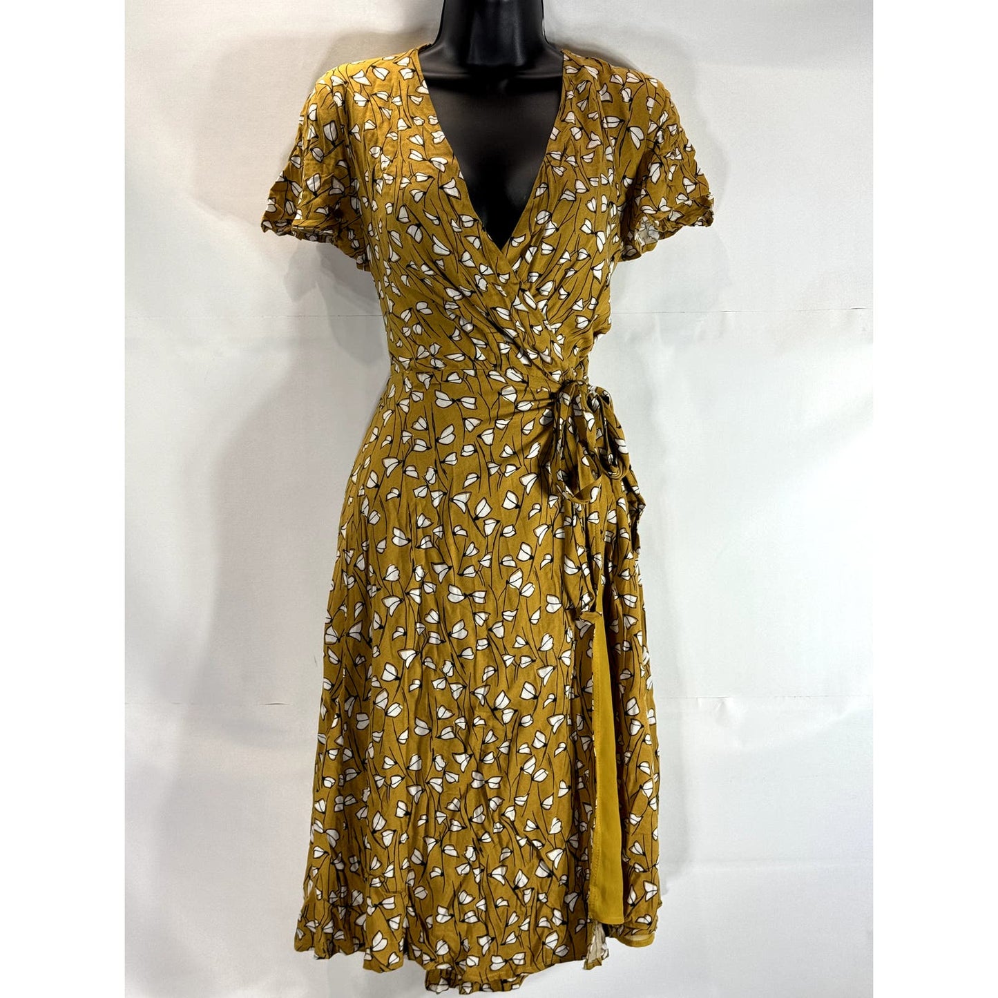 DRESS FORUM Los Angeles Women's Yellow Print V-Neck Short Sleeve Wrap Dress SZ S