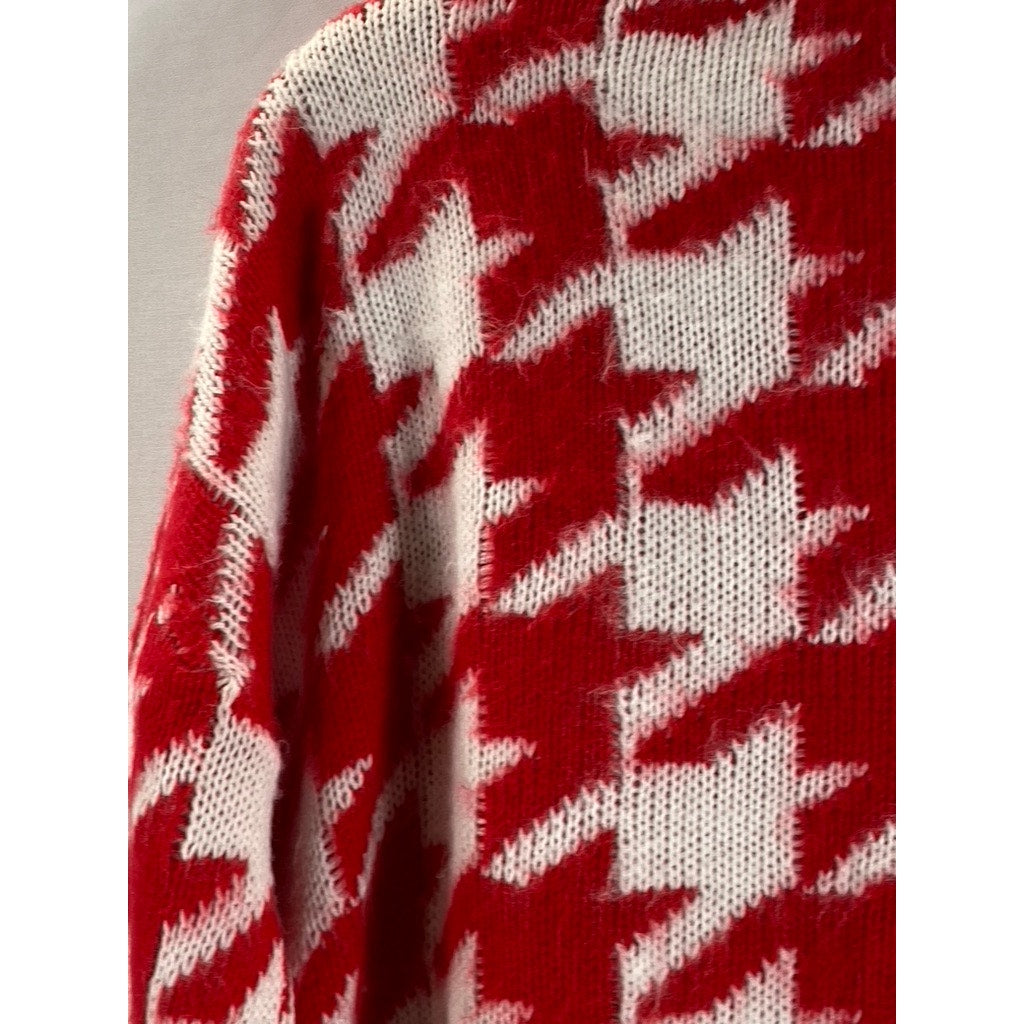 KLESIS Women's Cream/Red Houndstooth Crewneck Knit Cropped Sweater SZ M/L