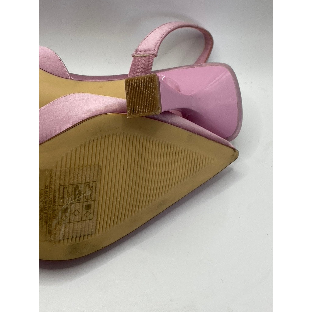 PRIMARK Women's Pink Satin Rhinestone Heart Pointed Toe Stiletto Sandals SZ 7