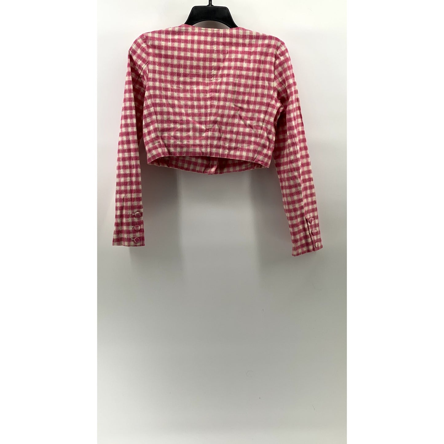 ZARA Women’s Pink Gingham Button-Up Straight Neck Long Sleeve Crop Top SZ M