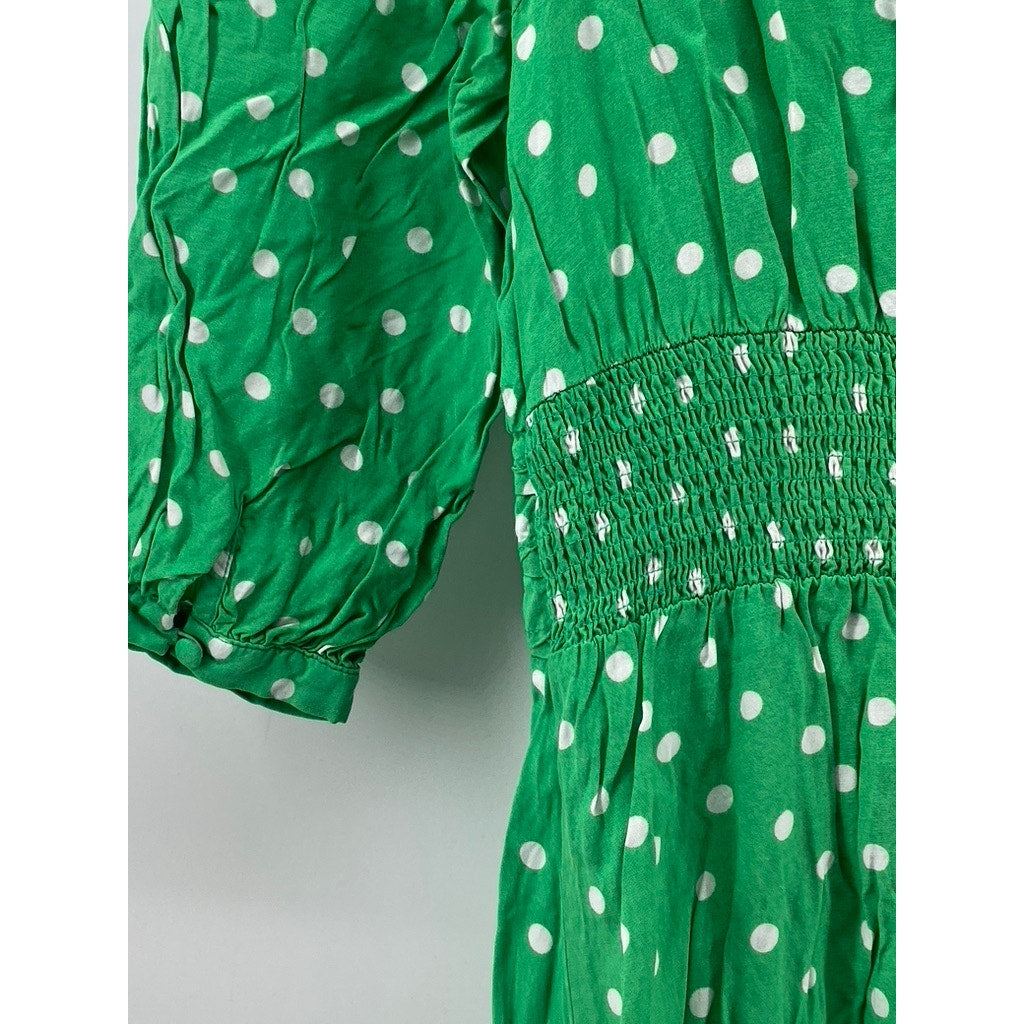 ZARA Women's Green-White Polka Dot Smocked V-Neck Button-Front Midi Dress SZ XS