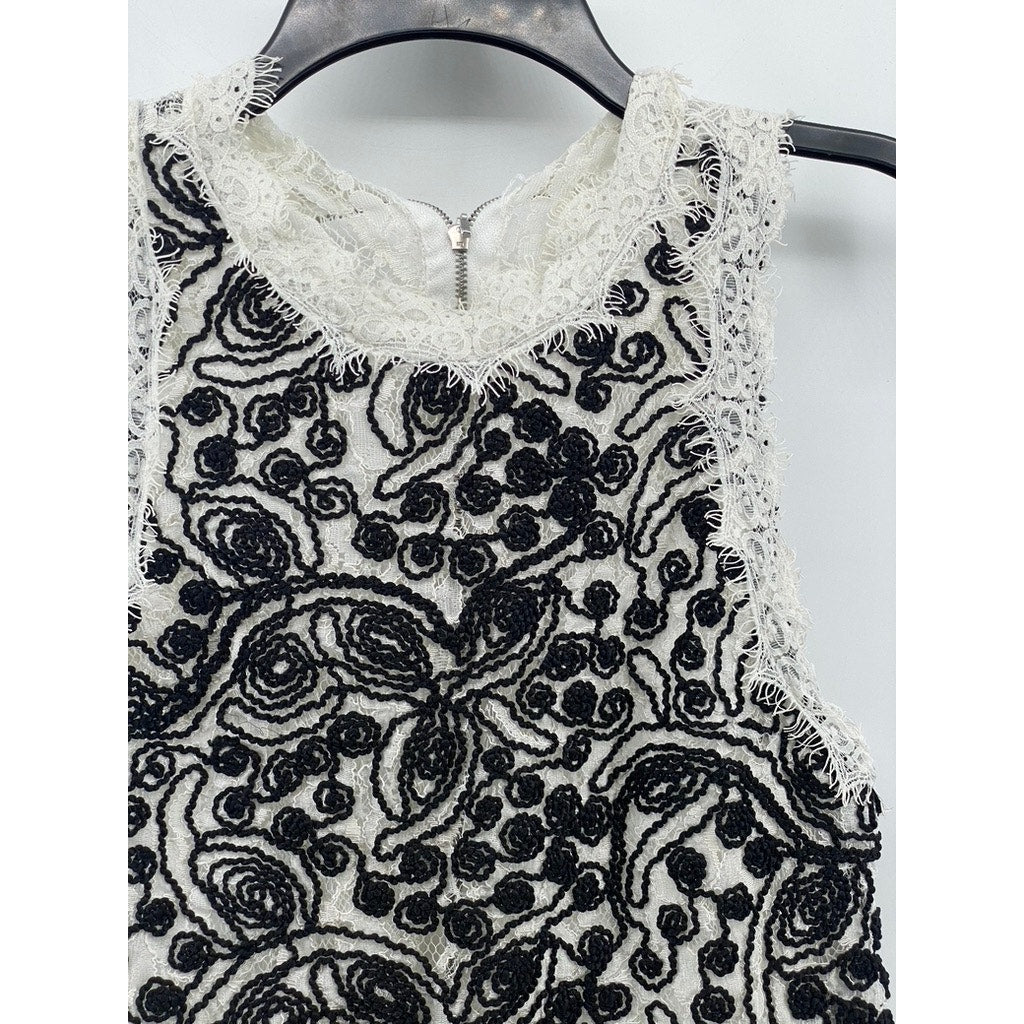 ZARA TRAFALUC Women's Black-White Lace Crewneck Sleeveless Back-Zip Tank Top SZL