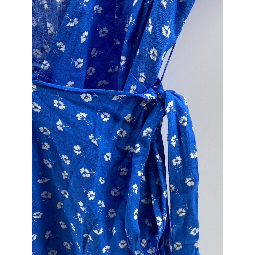 LULUS Women's Royal Blue Floral Short Sleeve Wrap Midi Dress SZ XL