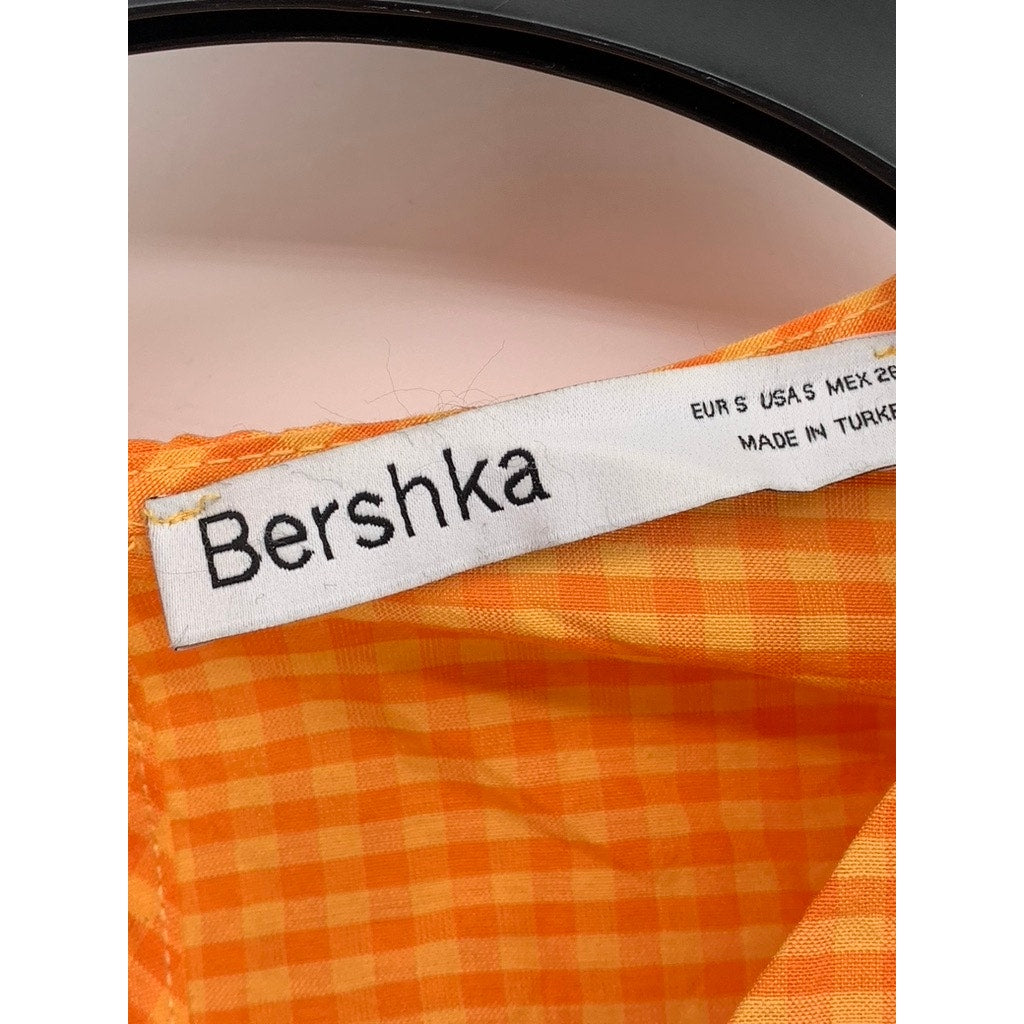BERSHKA Women's Orange-White Gingham Long Sleeve V-Neck Cutout Cropped Top SZ S