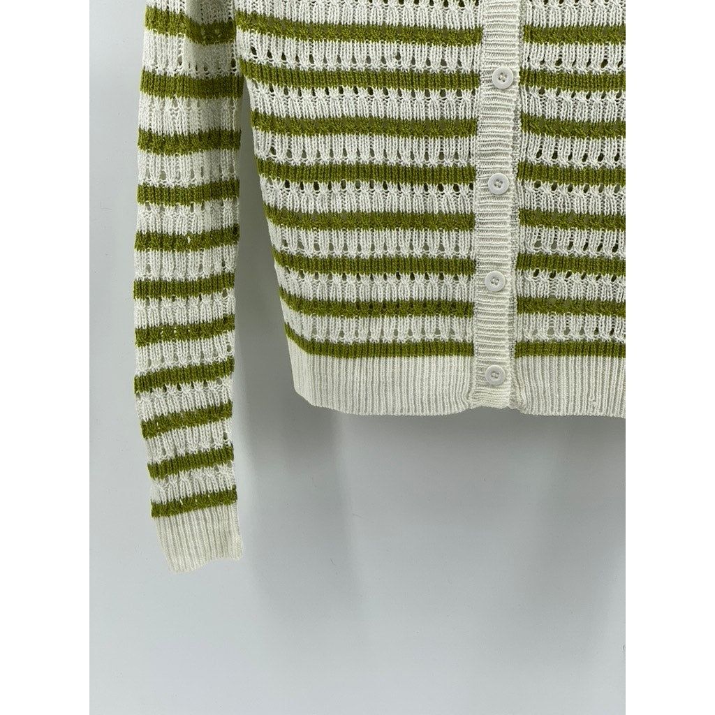 ANNA KAY Women's White-Green Knit Striped Button-Up Long Sleeve Cardigan SZ M