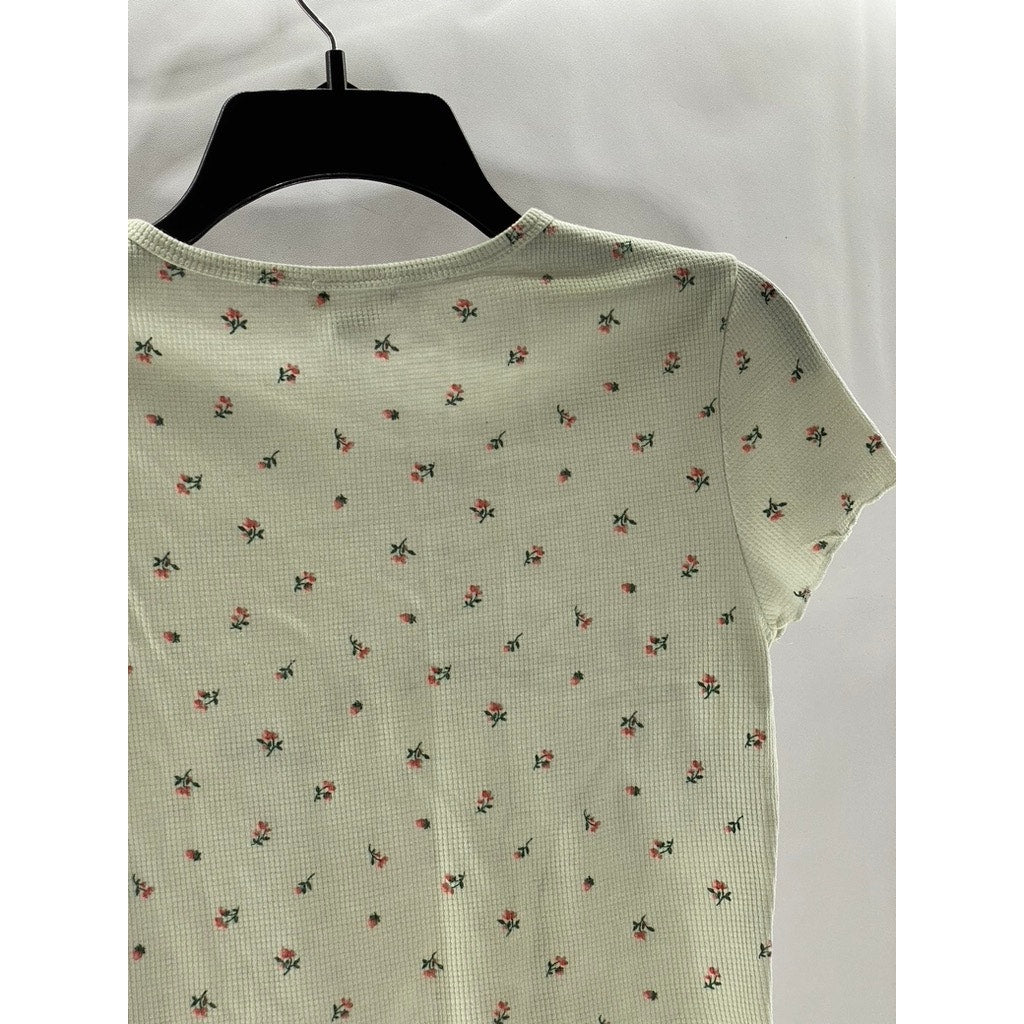 FOREVER 21 Women's White Micro Floral Print Crewneck Short Sleeve Crop Top SZ S