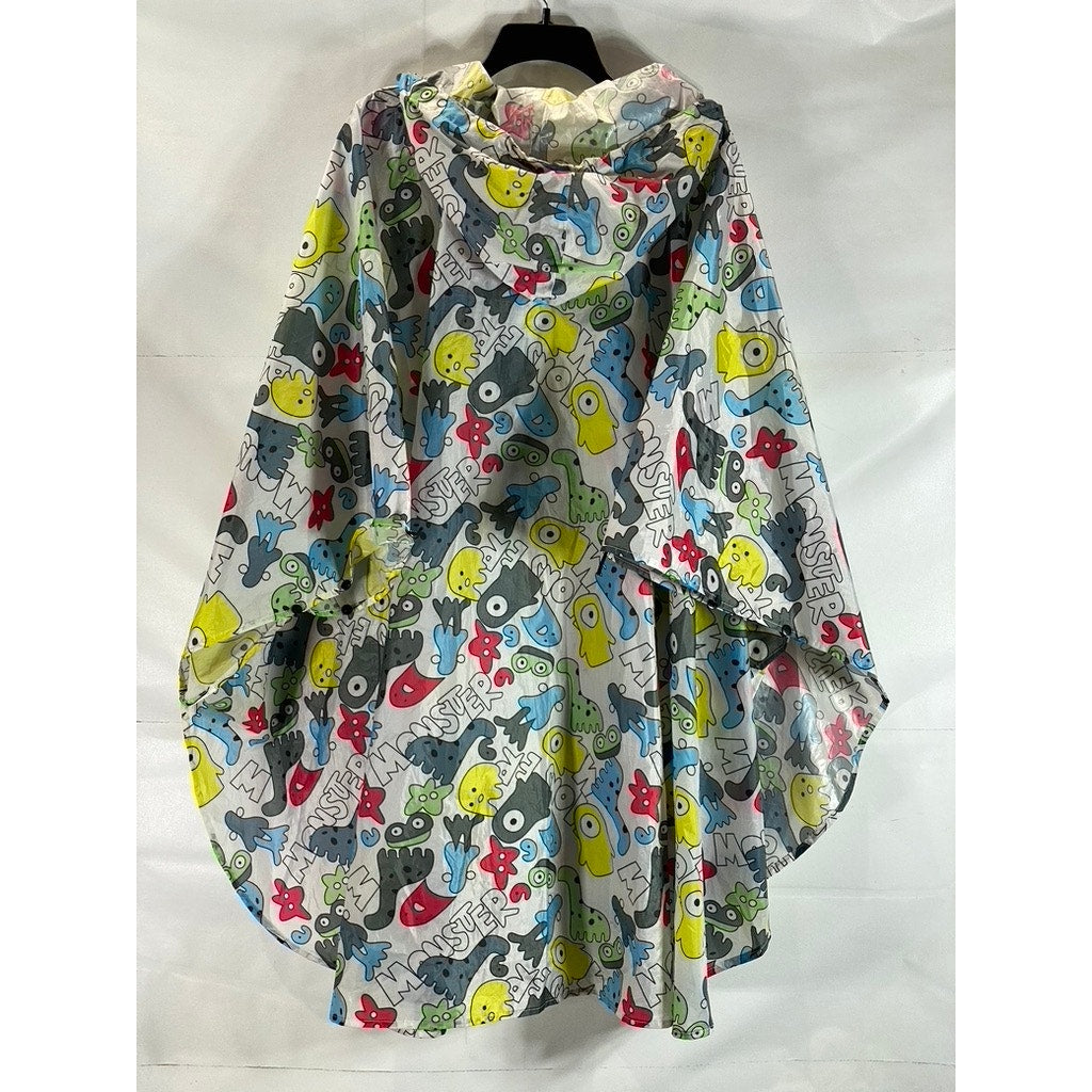 SAPHIROSE Unisex White Multicolor Monster Printed Zip-Up Hooded Rain Poncho SZXL