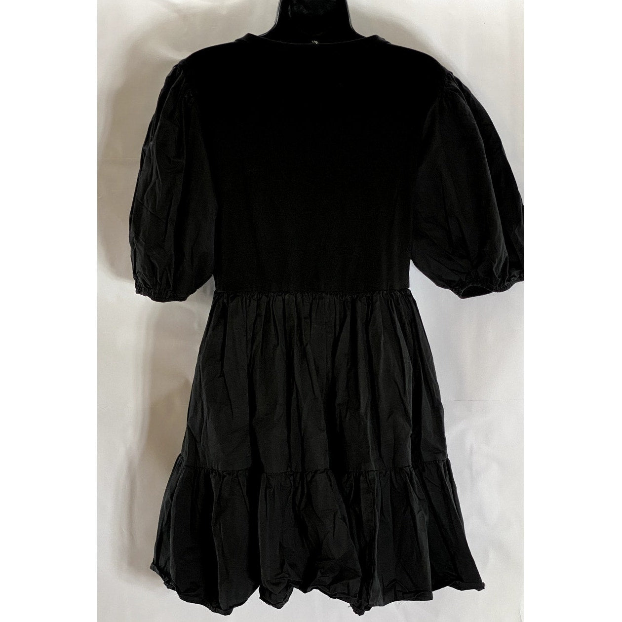 EN SAISON Women's Black Solid Crewneck Puff Sleeve Ruffle-Hem Mini Dress SZ L