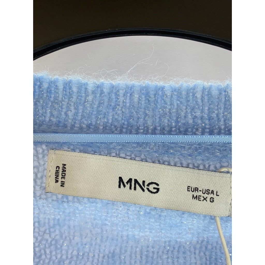 MANGO Women's Sky Blue Lurex Knit Button-Up Crewneck Cardigan SZ L
