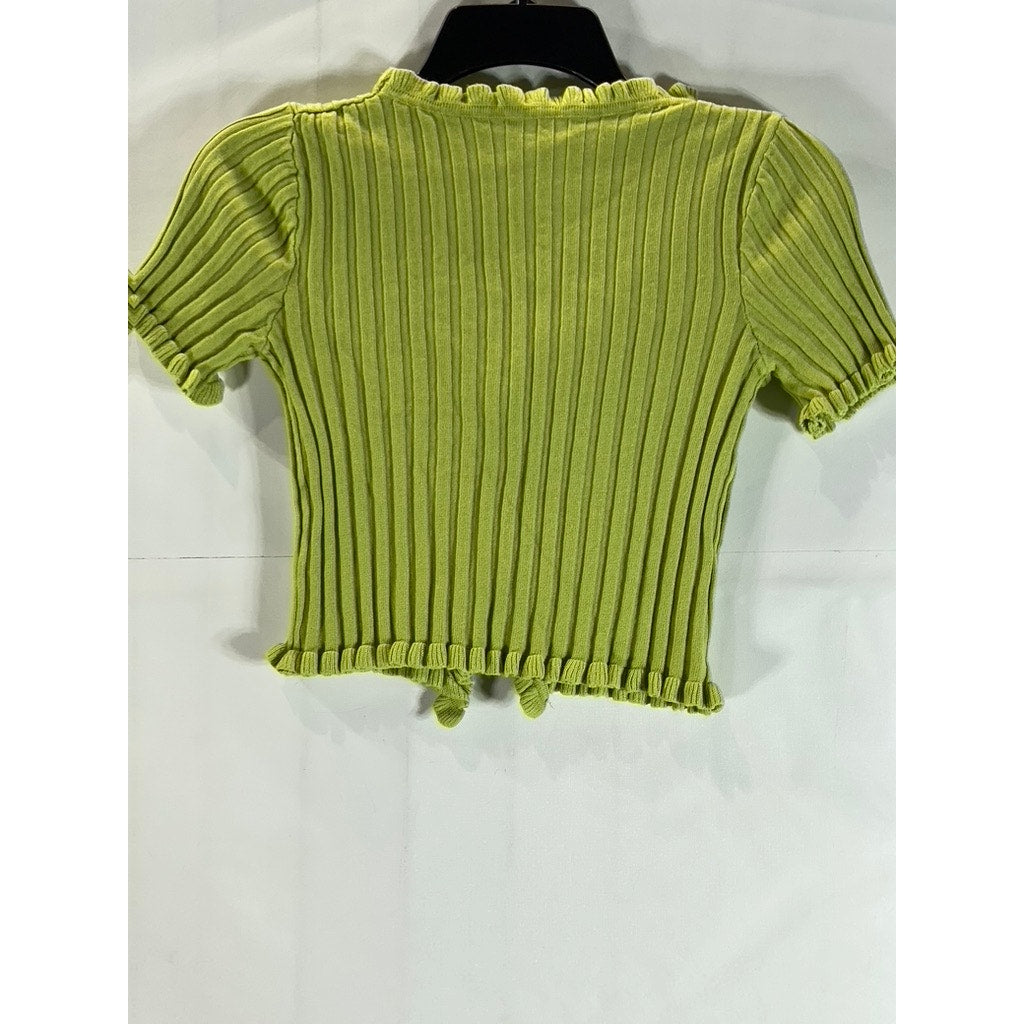 UNBRANDED Women's Green Ribbed Ruffle-Trim Short-Sleeve Crop Top SZ XS