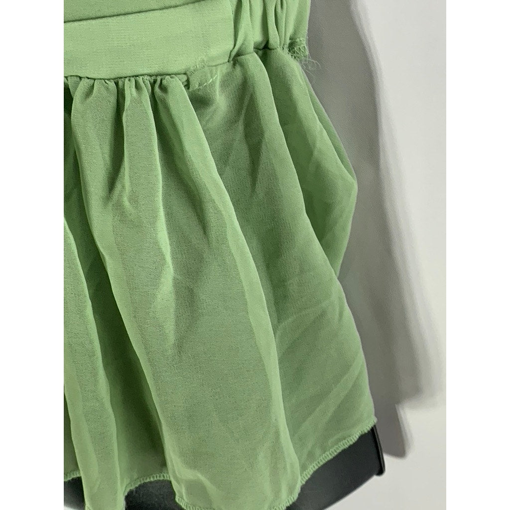 SHEIN Women's Green Two-Button Sheer Ruffle-Hem V-Neck Spaghetti Strap Top SZ L