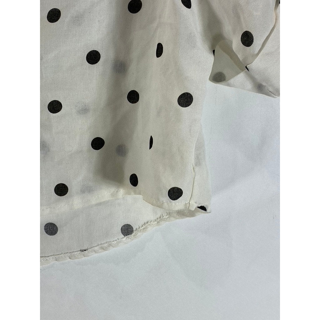 UNBRANDED Women's White/Black Polka Dot Short Sleeve Button-Up Crop Top SZ M
