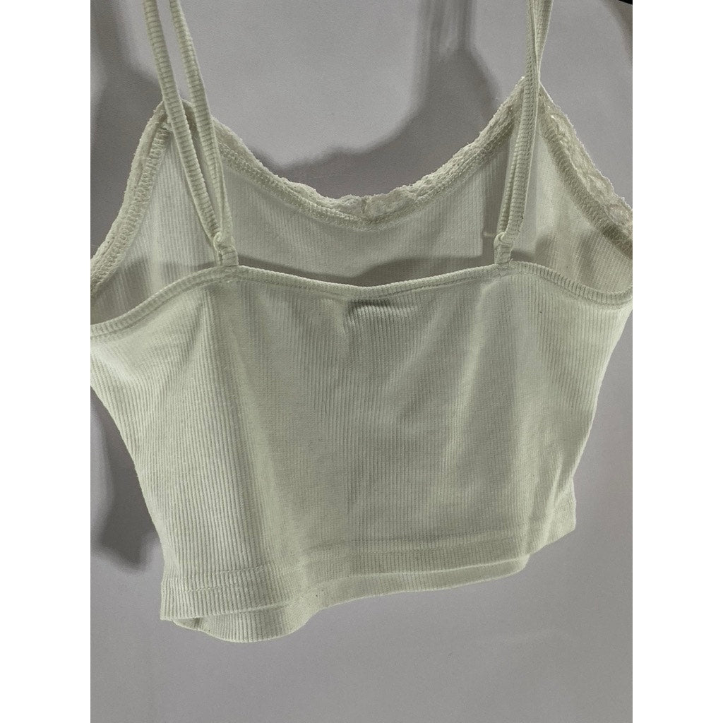 SHEIN Women's White Ribbed Lace-Trim Scoop-Neck Cropped Tank Top SZ XS