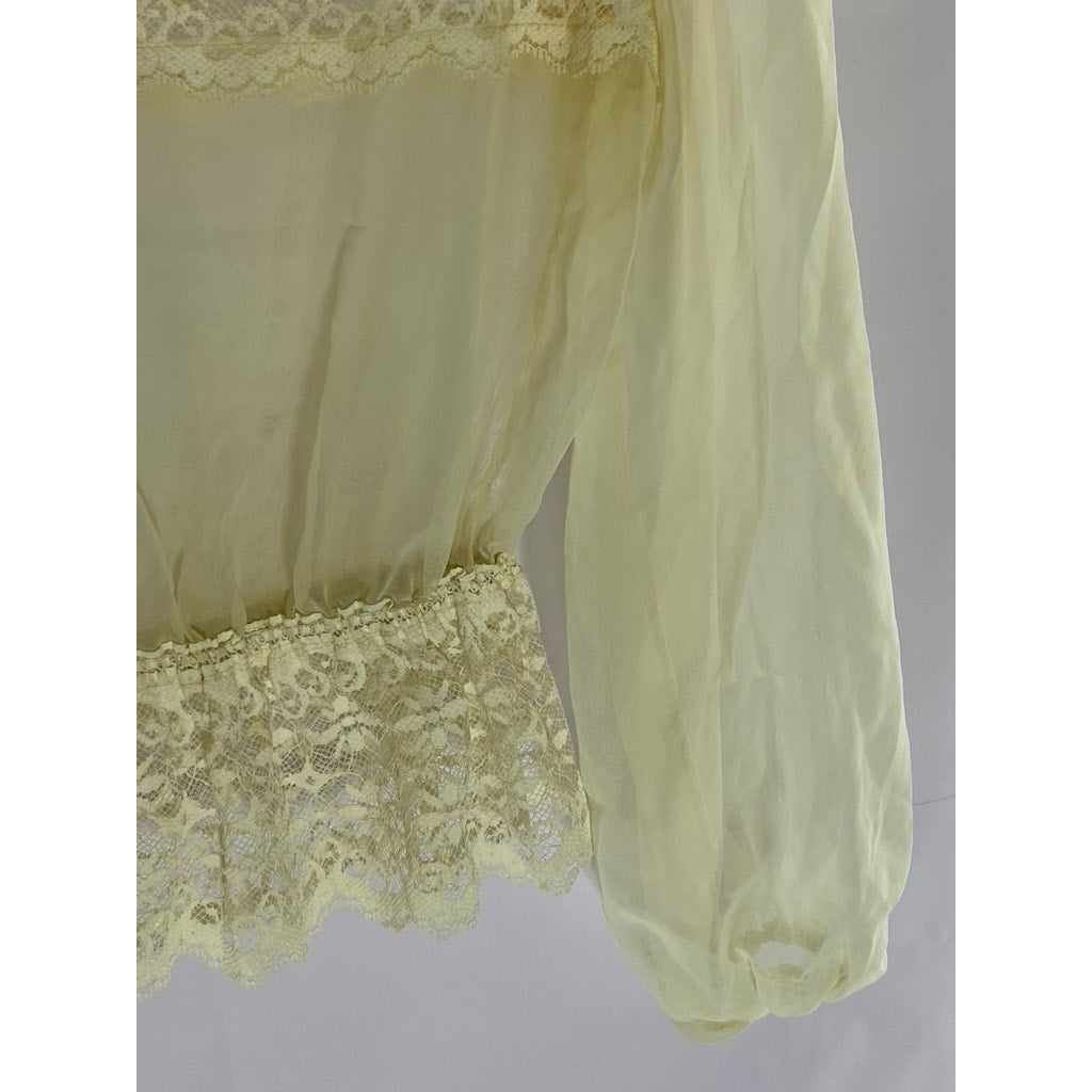 UNBRANDED Women's Cream Sheer Ruffle Lace Trim Long Sleeve Blouse SZ M