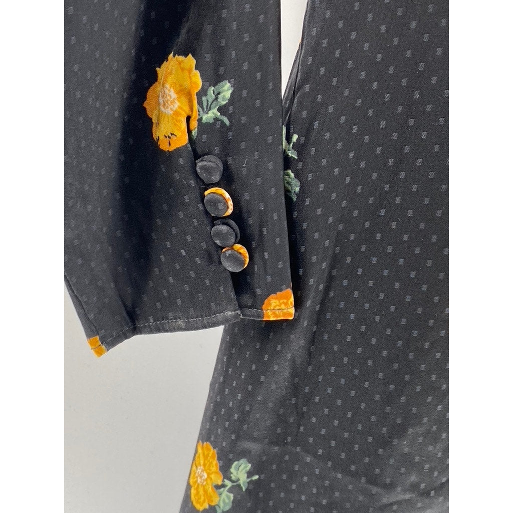 MADEWELL Women's Black-Yellow Lilyblossom Button-Front Long Sleeve Dress SZ 00