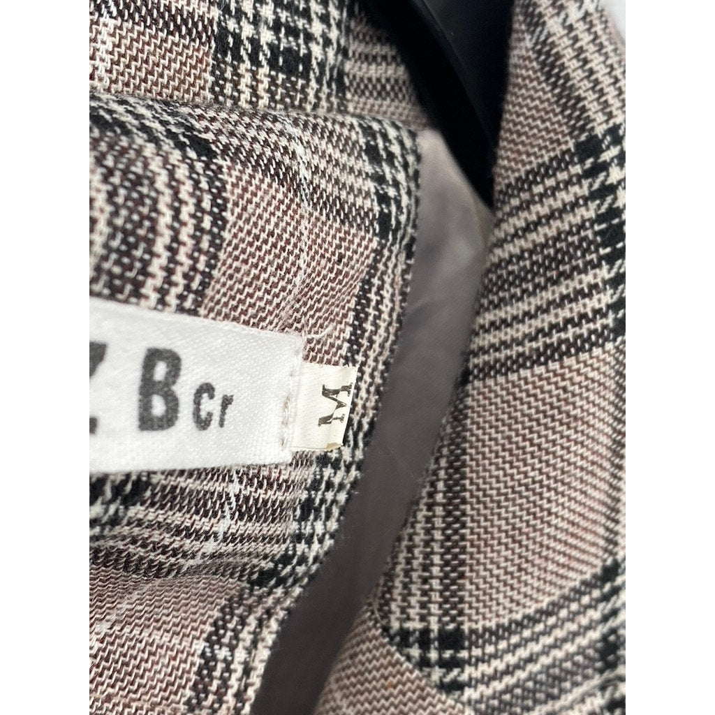 ZBCR Women's Tan-Black Plaid Buckle Closure Notch Collar Blazer SZ M